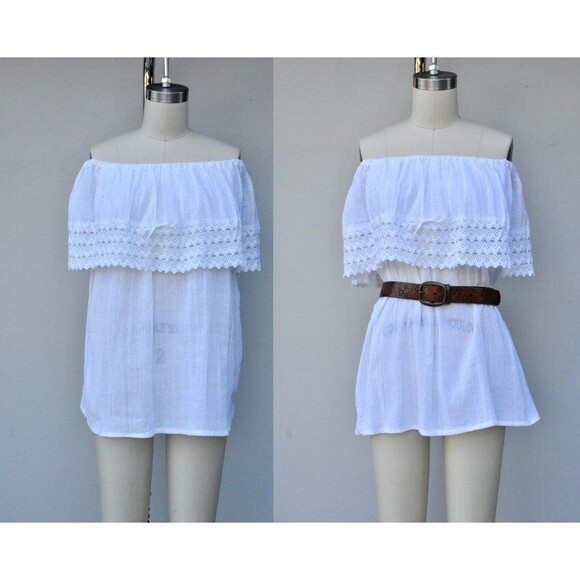 White Over the shoulders Off The Shoulders Top Mexican Boho Prairie Peasant - Picture 1 of 10